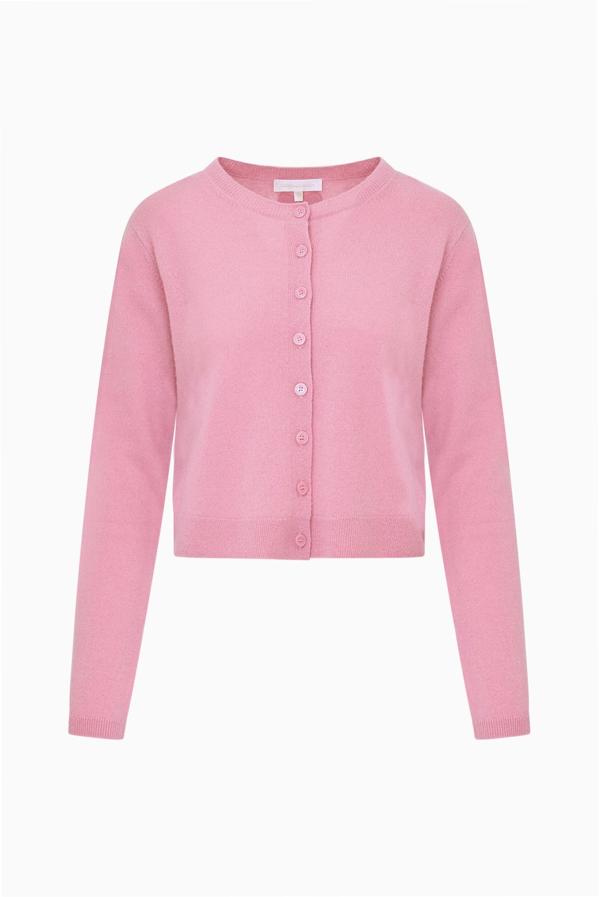 Rose pink cashmere cardigan with button front and long sleeves, cropped fit