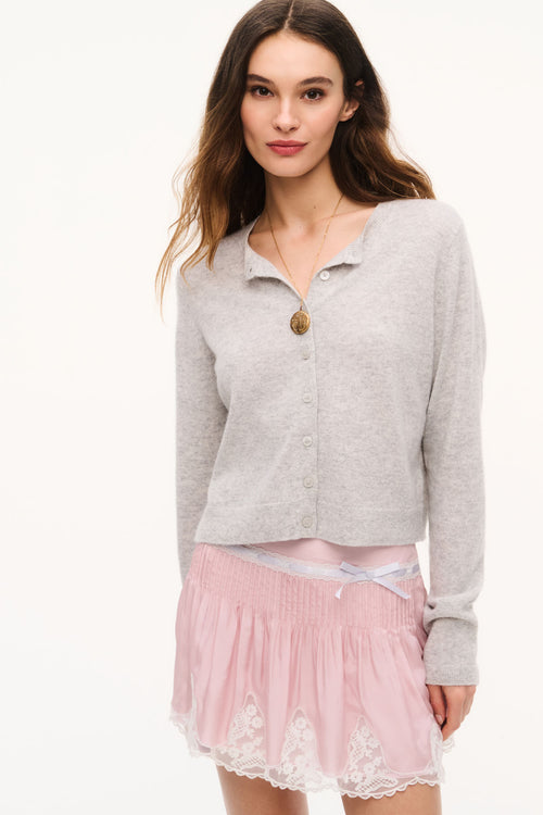 Light gray cashmere cardigan with button front and long sleeves, soft heather knit