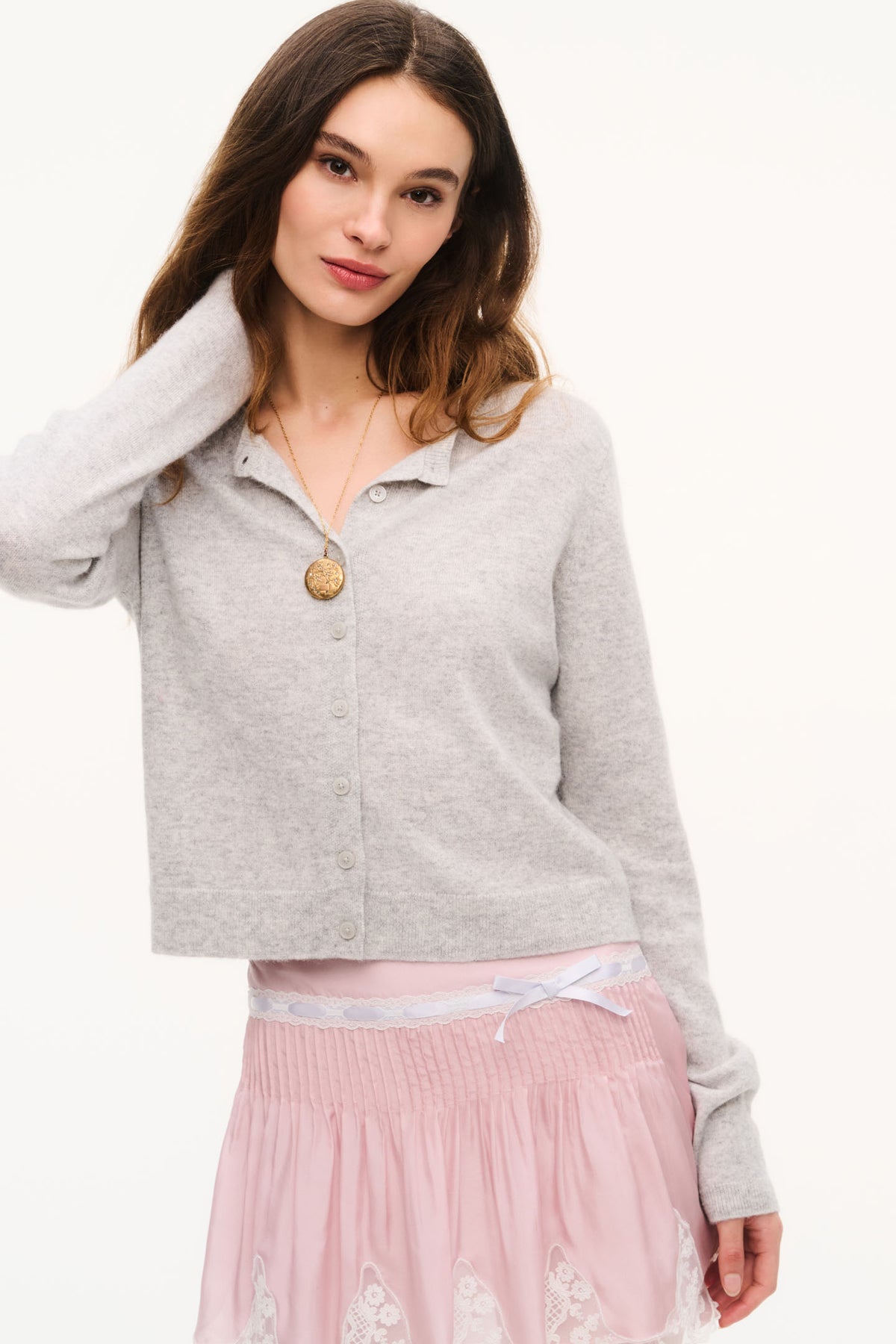 Light gray cashmere cardigan with button front and ribbed cuffs