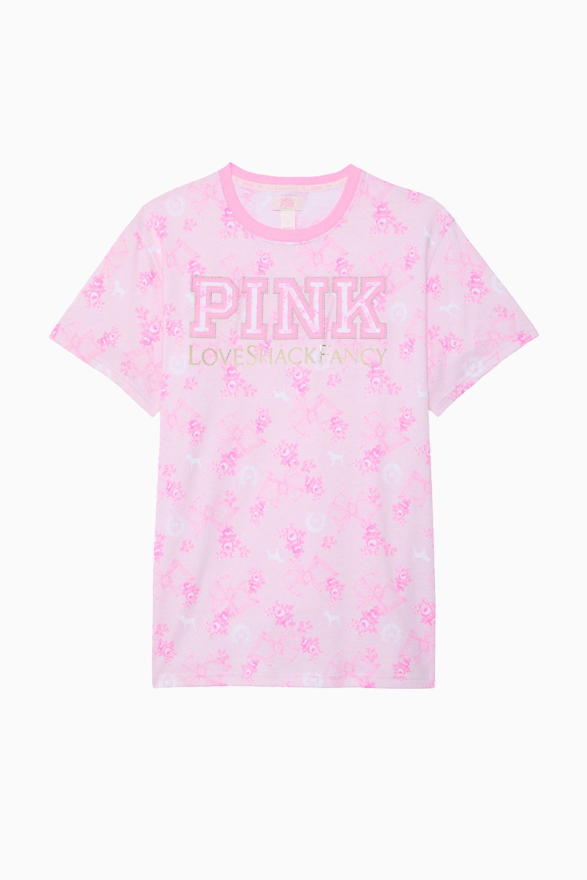 Pink cotton campus tee with “PINK” and LoveShackFancy logo, short-sleeve crew neck
