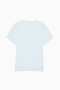 Light blue cotton tee with subtle scattered micro icon pattern, crew neckline