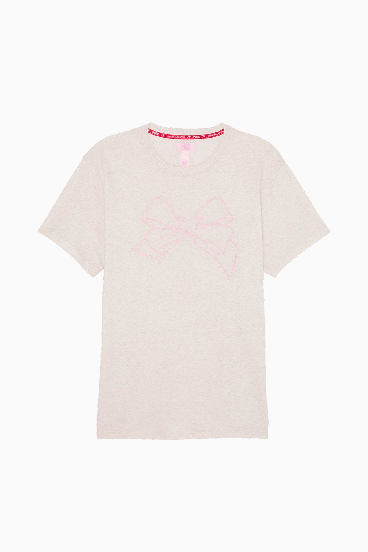 Heather gray cotton tee with pink bow-style graphic on the front, crew neckline