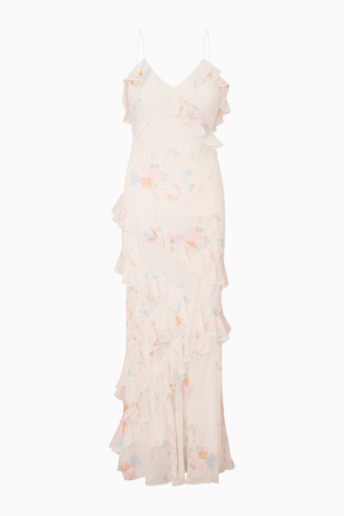 Floral print maxi dress with ruffled tiers and spaghetti straps