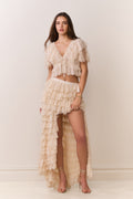 Ivory lace ruffle high-low skirt with layered ruffle tiers and scalloped hem