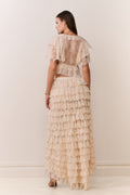 Back view of ivory lace ruffle high-low skirt with tiered ruffles and lace texture