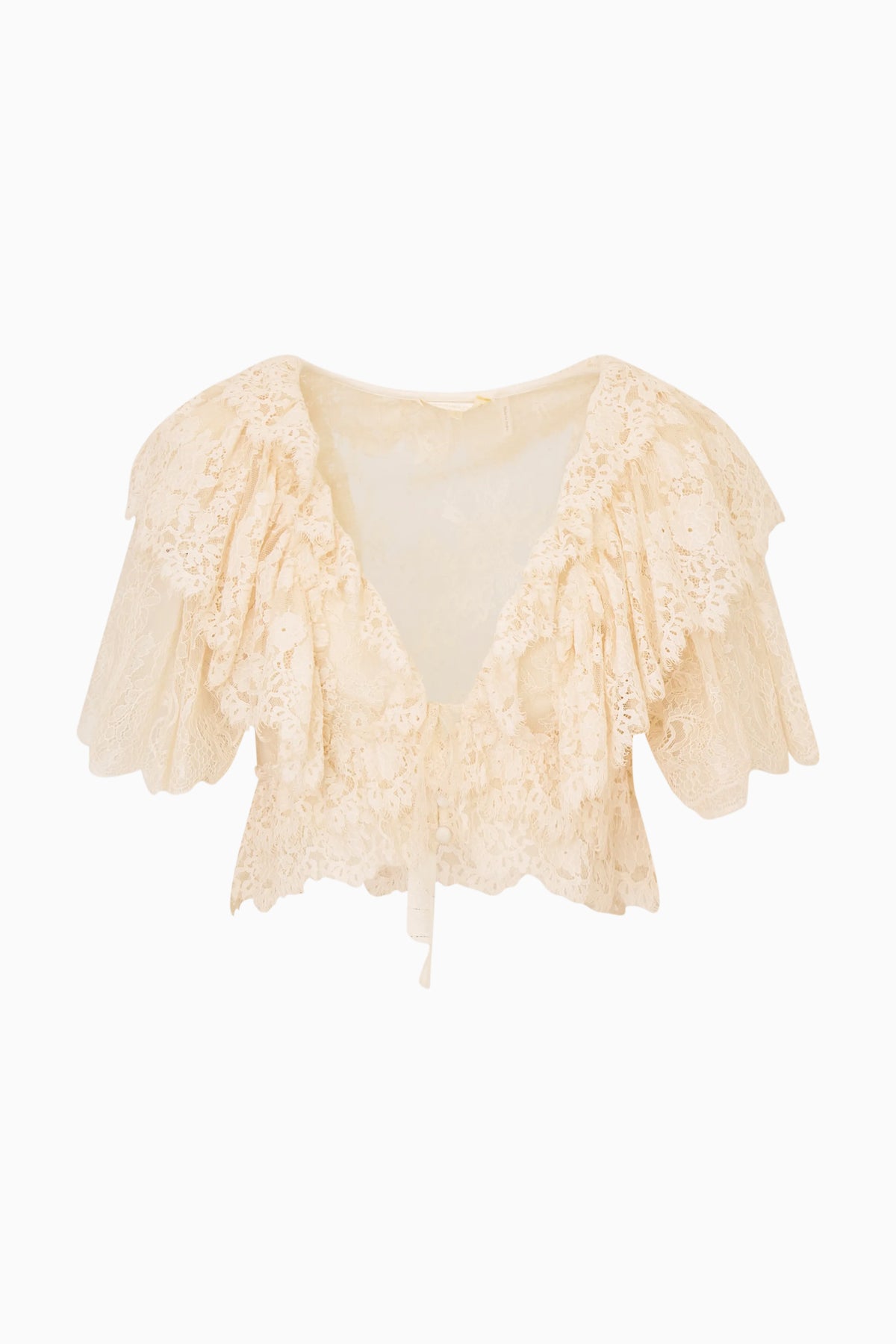 Ivory lace ruffle crop top with short sleeves and scalloped neckline