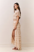 Ivory lace ruffle high-low skirt with tiered ruffle layers and long sheer texture