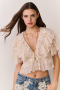Ivory lace ruffle crop top with lace V-neck and scalloped lace edging
