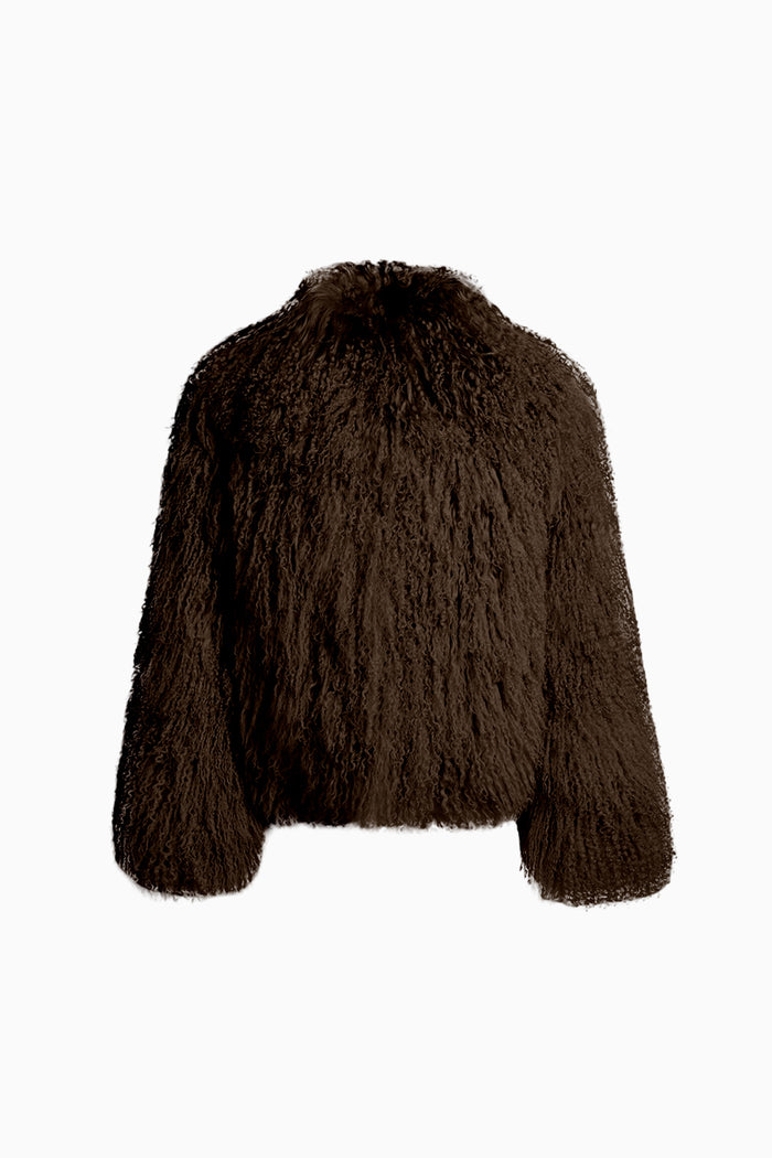 Brown shearling coat, cropped length, rounded hem and relaxed fit