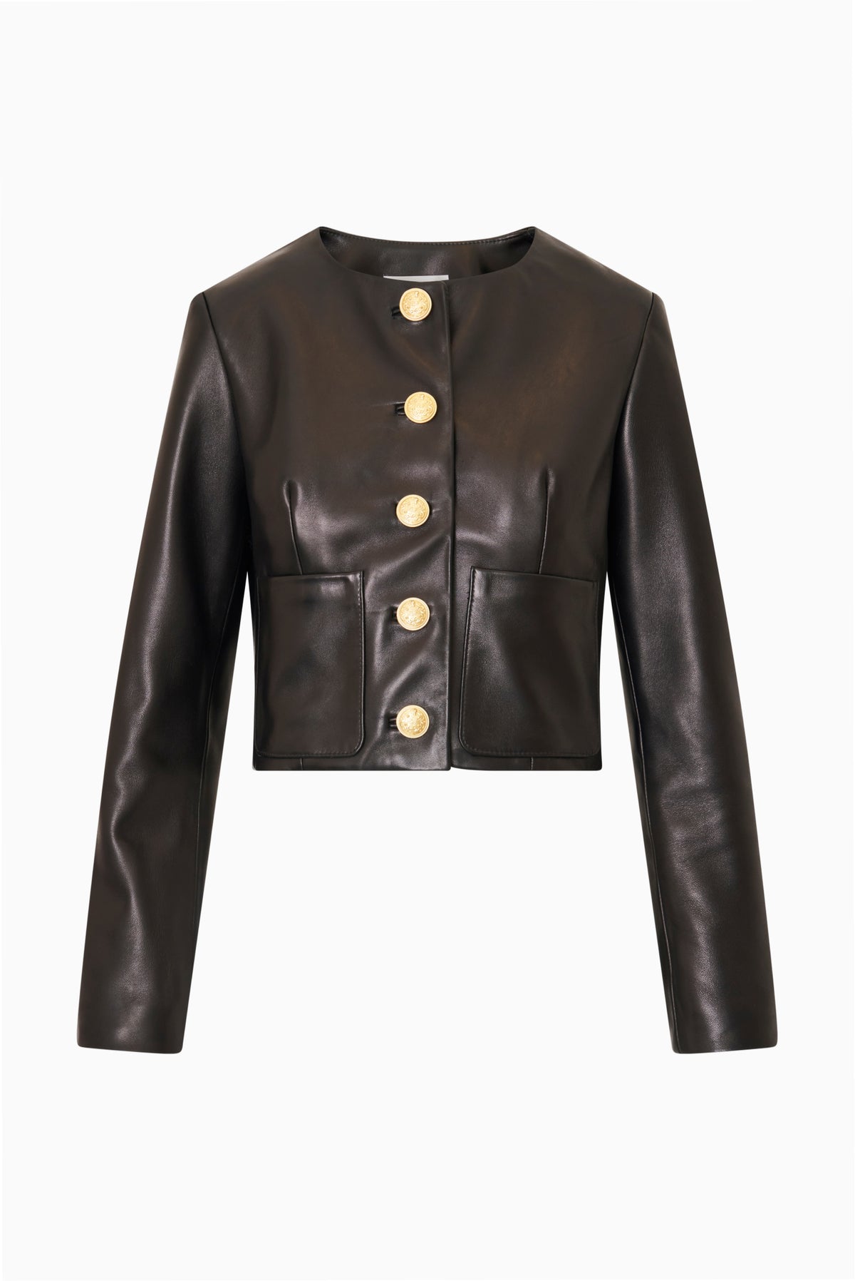 Black collarless leather jacket with gold snap buttons and front pockets, long sleeves