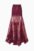 Faded merlot lace maxi skirt with tiered tulle hem