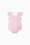Baby ditsy floral pinafore romper in light pink with ruffled layered neckline