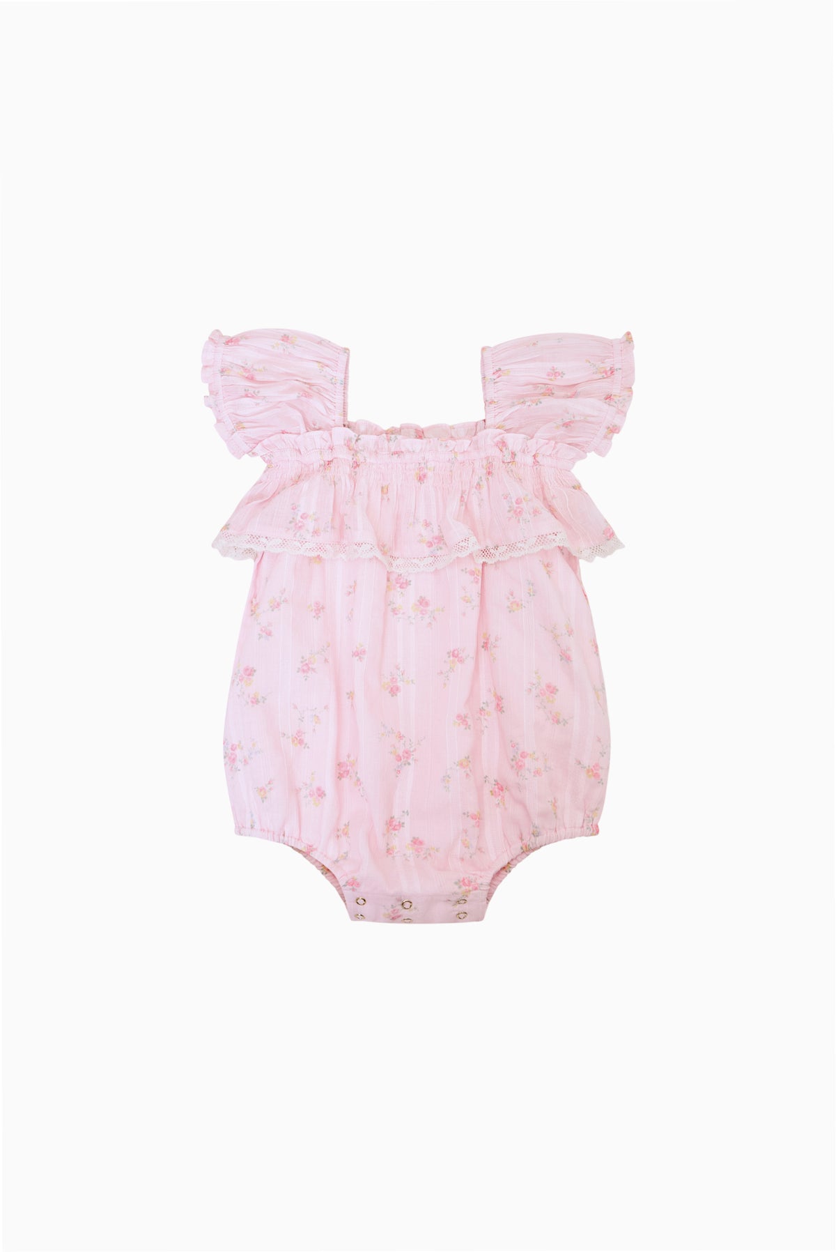 Baby ditsy floral pinafore romper in light pink with ruffled layered neckline