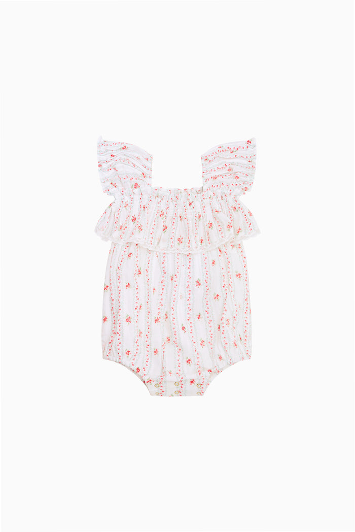 Baby cherry stripe pinafore romper, red and white, gathered bow shoulder straps
