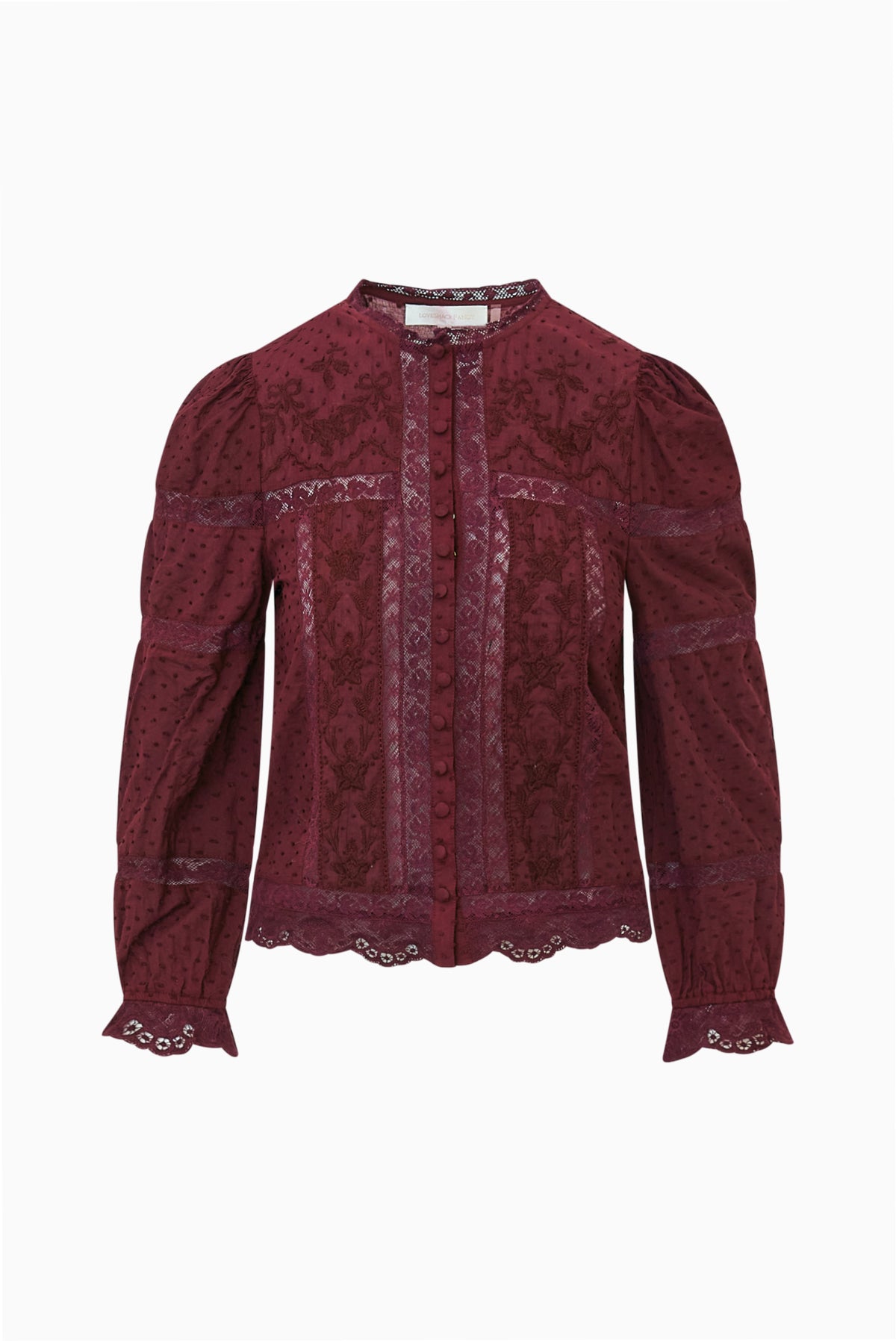 Burgundy Swiss dot blouse with button front, long sleeves, lace-trim cuffs