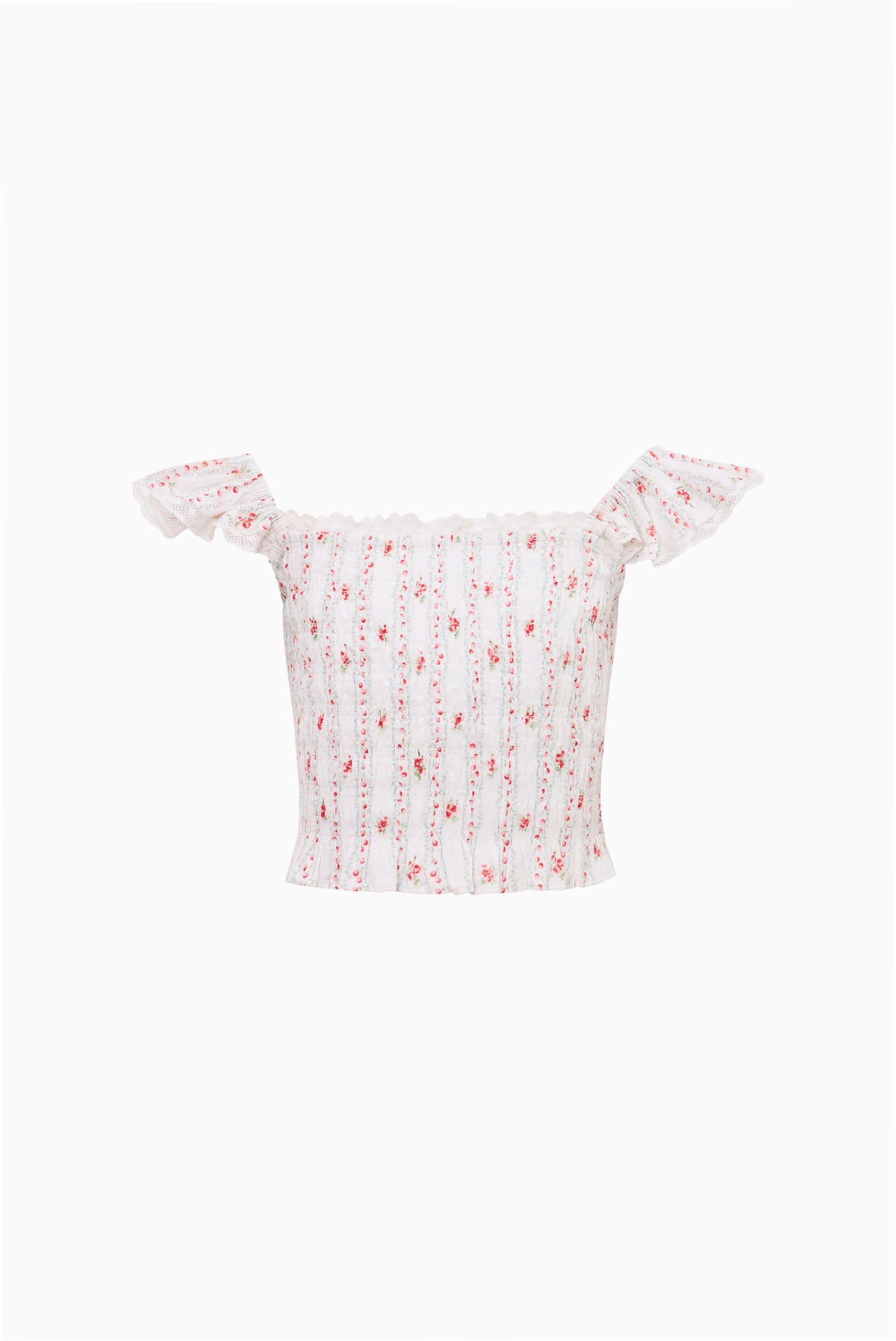 Girls white cherry-print peplum top with ruffled cap sleeves