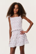 Front view of tiered ruffle tween skirt in white with red and pink stripes