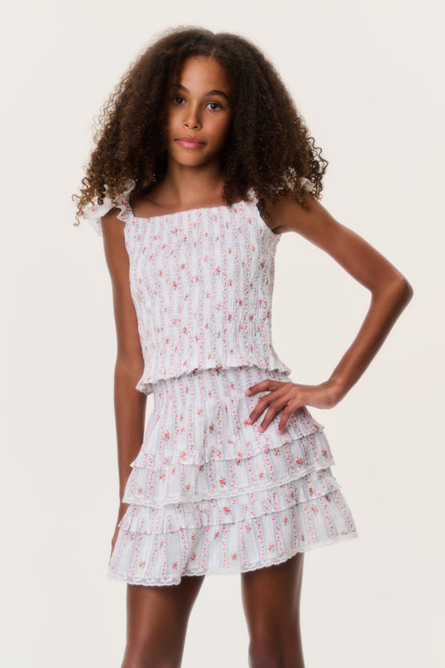 Front view of tiered ruffle tween skirt in white with red and pink stripes