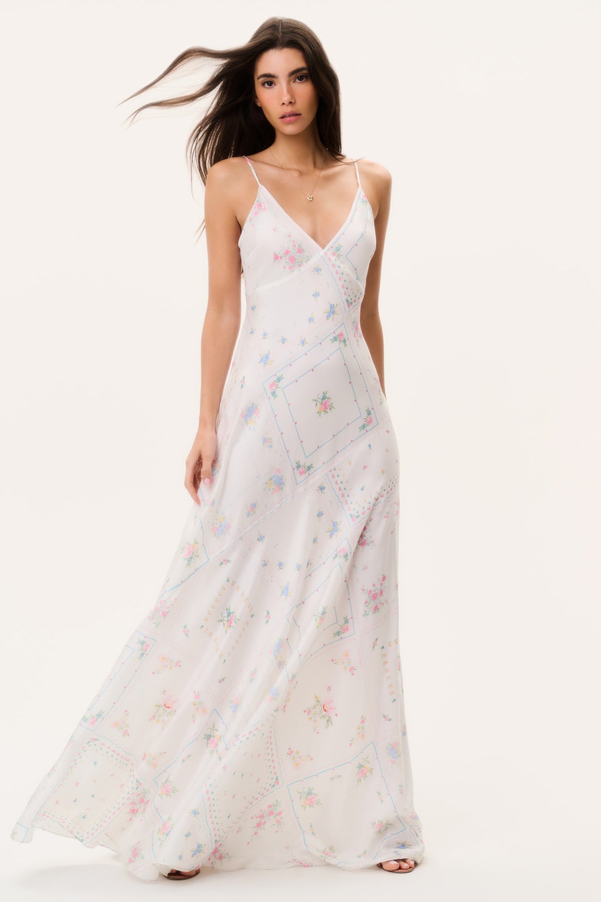 Silk maxi dress with spaghetti straps, V-neck, rainbow floral patchwork print