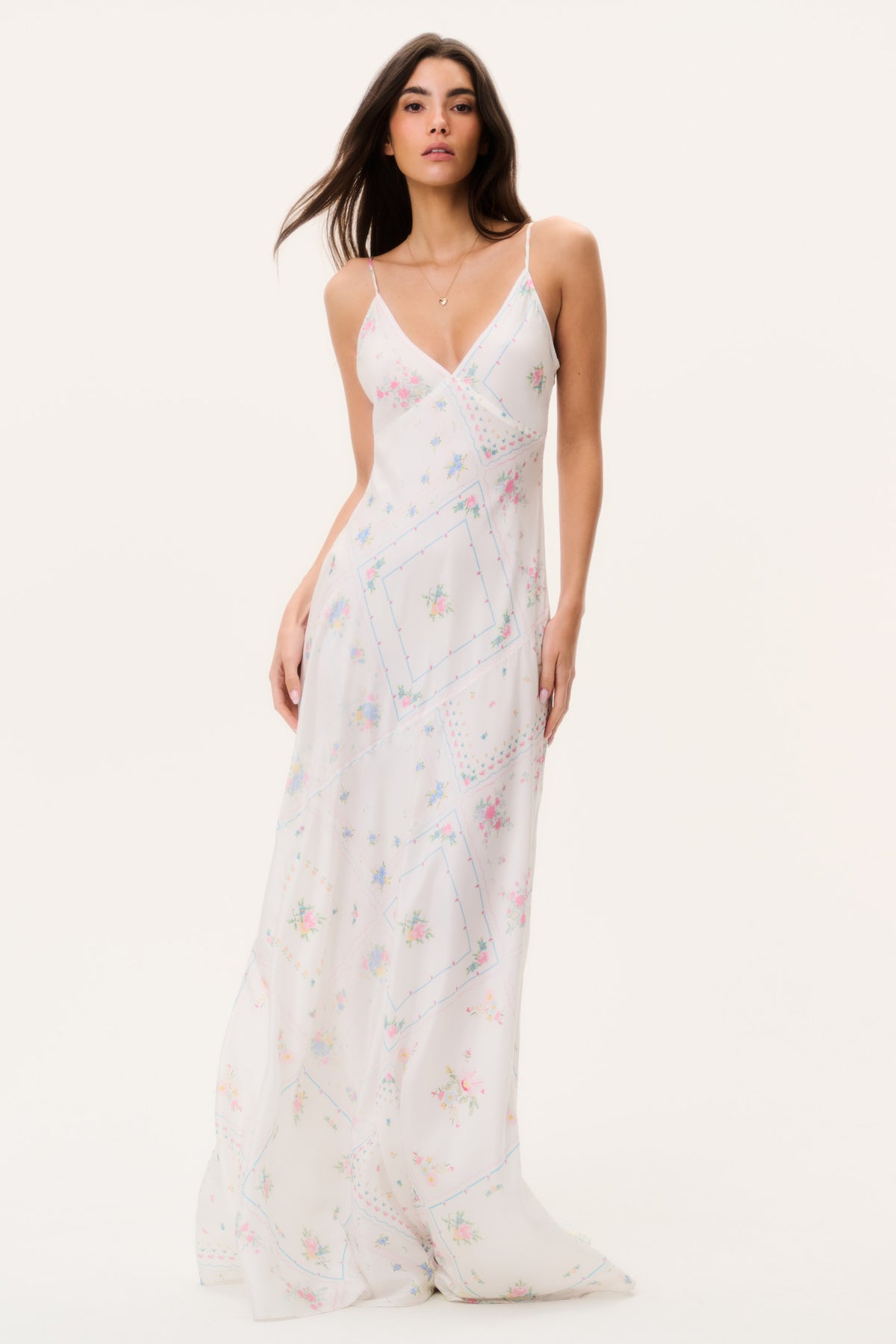 Silk maxi dress with spaghetti straps and V-neck, pastel floral patchwork print