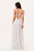 Silk maxi dress back view with tie straps and pastel floral patchwork print