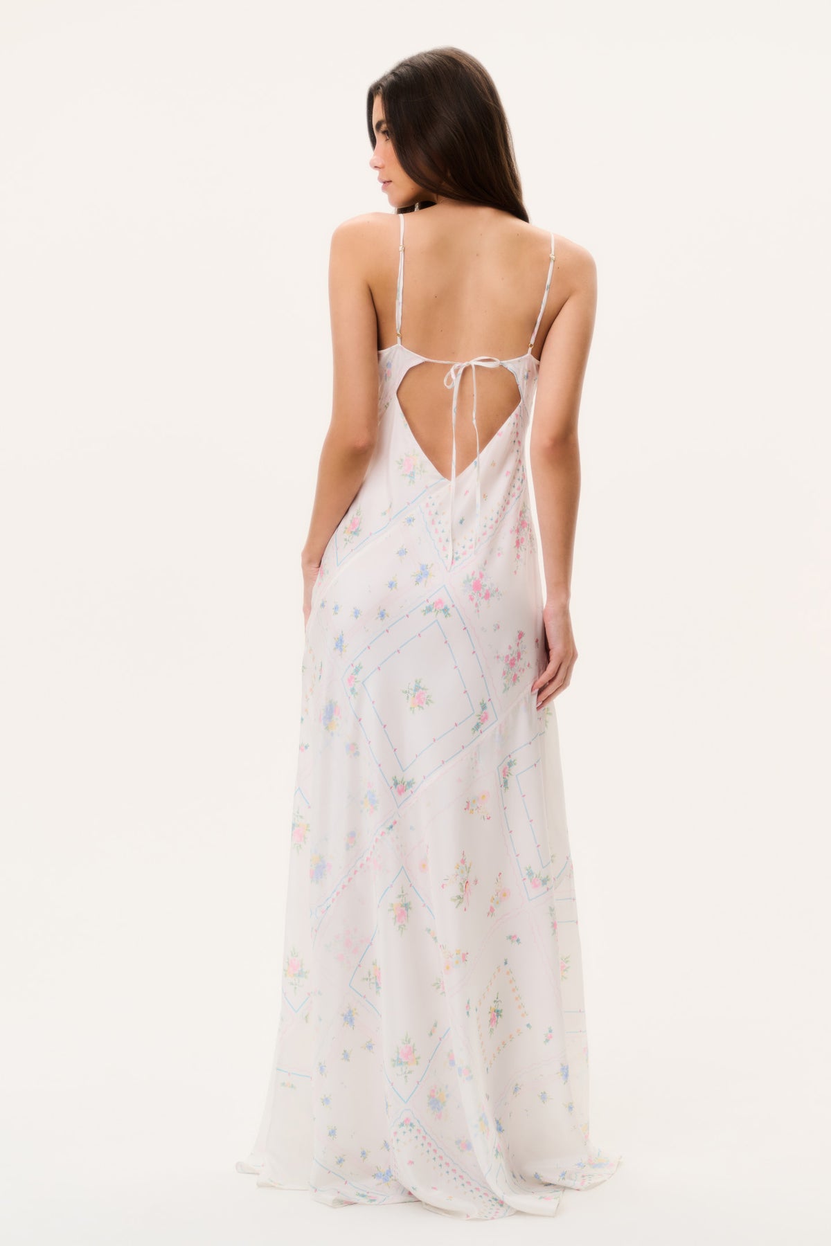 Silk maxi dress back view with tie straps and pastel floral patchwork print