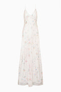 Silk maxi dress front view with spaghetti straps, pastel floral patchwork design