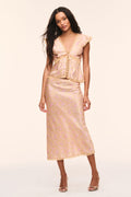 Floral midi skirt with light pink base and lace-trim scalloped hem