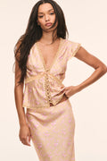 Silk-blend floral top in blush with gold trim, v-neck tie-front, flutter sleeves