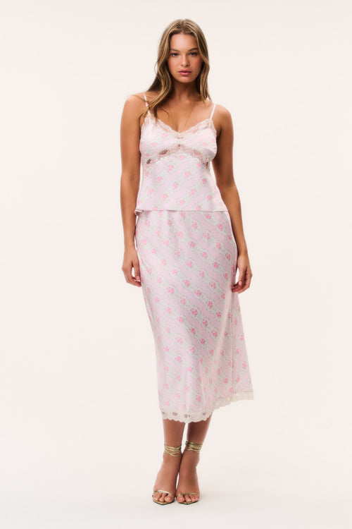 Floral satin maxi skirt in light pink with lace-trim hem