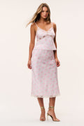 Floral satin maxi skirt with scalloped lace hem, light pink