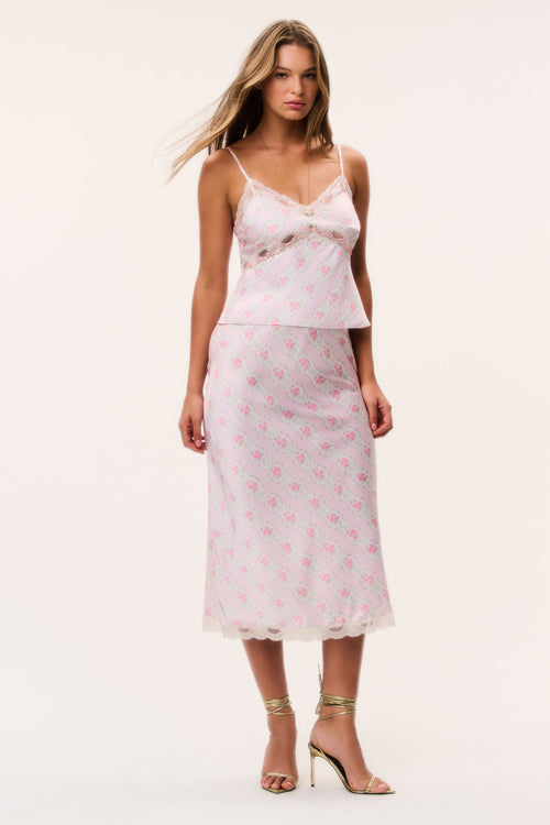 Floral satin maxi skirt with scalloped lace hem, light pink