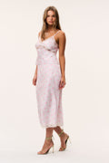 Floral satin maxi skirt, light pink floral print, lace-trim bottom