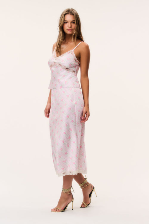 Floral satin maxi skirt, light pink floral print, lace-trim bottom