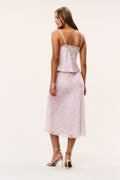 Floral satin maxi skirt in light pink with lace hem, back view