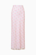 Light pink floral satin maxi skirt with lace-trim hem
