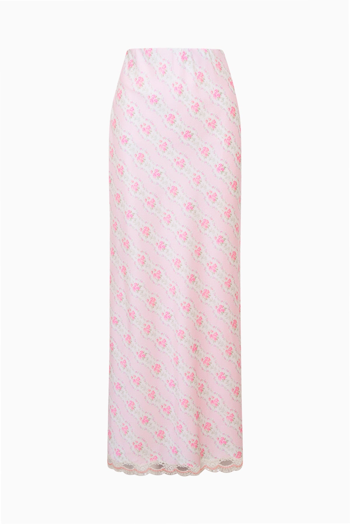 Light pink floral satin maxi skirt with lace-trim hem