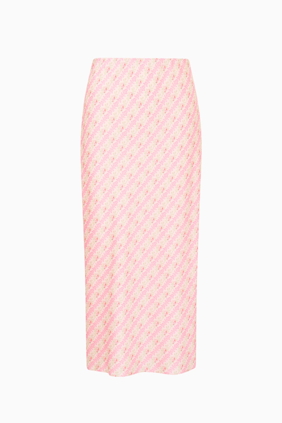 Pink print midi skirt with fitted waistband and straight hem