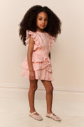 Girls peach ruffle tier dress with cap sleeves and layered hem