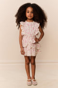 Girls floral ruffle tier dress, sleeveless pink mini with elastic waist and short skirt