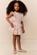 Girls floral ruffle tier dress, sleeveless pink mini with gathered waist and layered skirt
