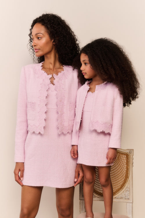 Girls pink lace-trim tweed jackets with ruffled front and scalloped edges