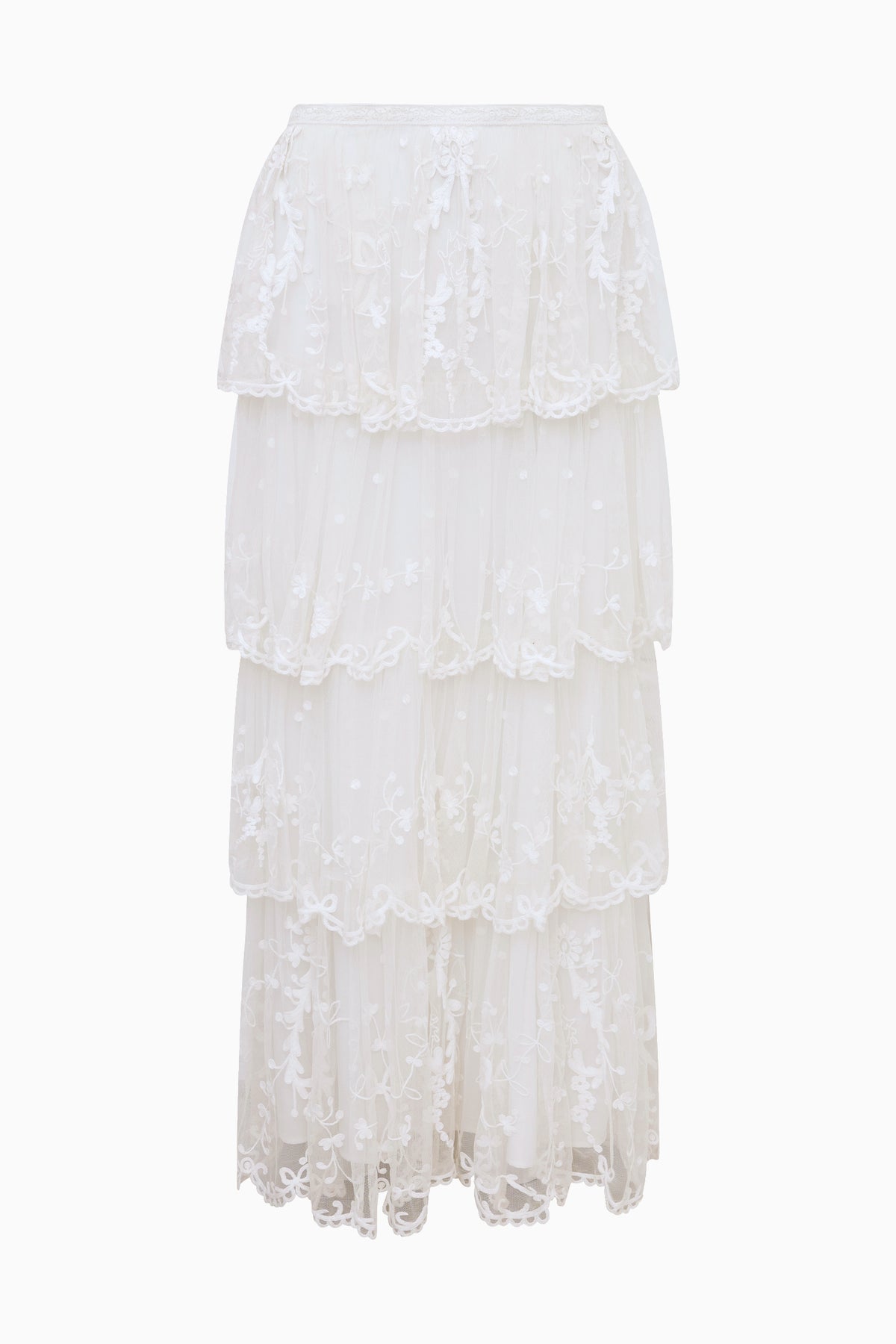 Ivory embroidered mesh tiered maxi skirt with tiered ruffle construction detail