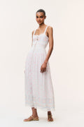 White cotton maxi dress with thin straps and pastel embroidered panels, sleeveless
