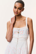 White cotton maxi dress bodice with pastel embroidery and front button detail, thin straps