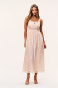 Petal peach silk maxi dress with lace-trimmed bodice and spaghetti straps