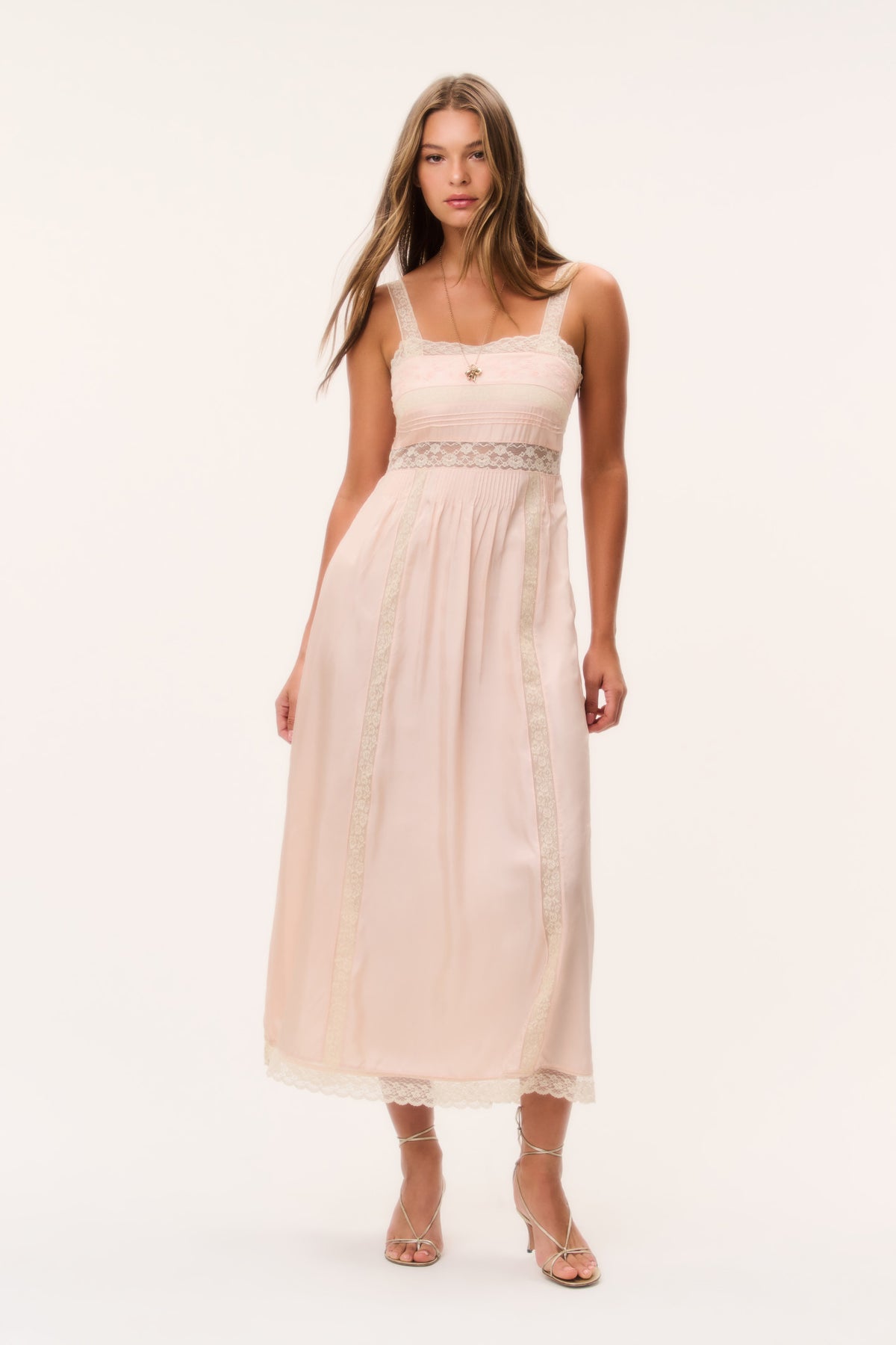 Petal peach silk lace-trimmed maxi dress with tiered skirt