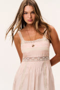 Petal peach sleeveless maxi dress with lace bands at neckline and waist