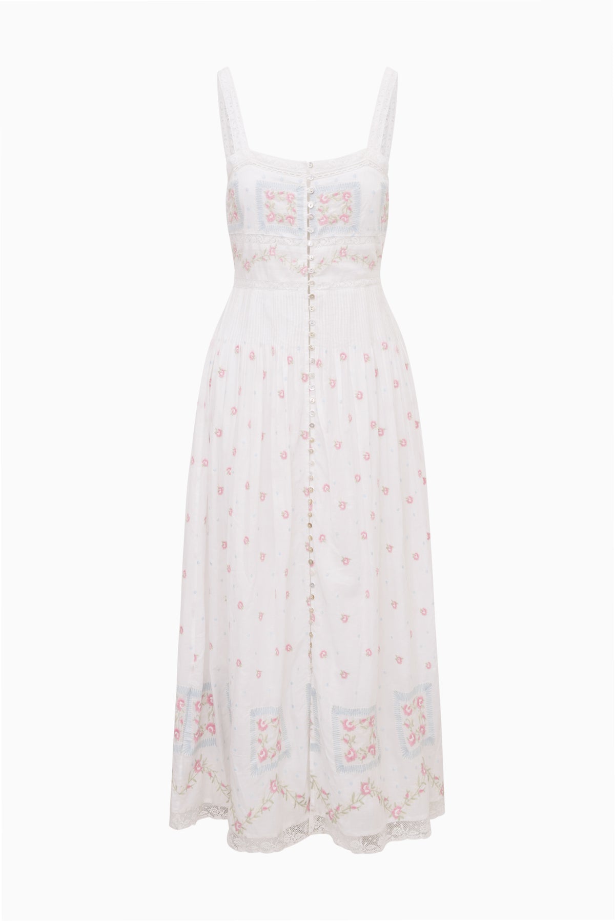 White cotton maxi dress front flat lay with thin straps and pastel embroidered button placket