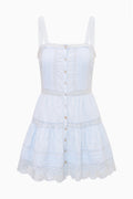 Light blue cotton mini dress with square neckline, thin straps, button-front tiers, lace hem